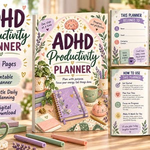 Könnte beinhalten: Ein ADHS-Produktivitätsplaner mit lila Einband, floralen Illustrationen, einer Kaffeetasse und einem Timer. Der Planer umfasst 30 Seiten, druckbare Formate und digitale Downloads. Die Innenseiten zeigen Abschnitte für persönliche Infos und Tipps.