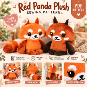 Puede incluir: Un patrón de costura digital para un peluche de panda rojo. La imagen muestra dos pandas rojos de peluche terminados con pelaje naranja y marrón, marcas faciales blancas y ojos negros. El texto incluye Red Panda Plush Sewing Pattern.