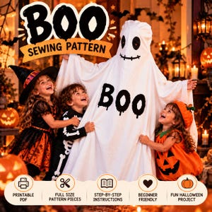 Może przedstawiać: Wykrój krawiecki na biały kostium ducha z napisem BOO SEWING PATTERN u góry i słowem BOO nadrukowanym z przodu ducha. Wzór zawiera pliki PDF do druku, elementy wykroju w pełnym rozmiarze oraz instrukcje wykonania krok po kroku.