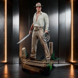 May include: A detailed figurine of an adventurer wearing a tan fedora, a light-colored button-down shirt, and khaki trousers. The figure holds a long curved blade in one hand and a coiled rope in the other, standing on a weathered wooden dock base.