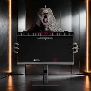 May include: A gray, textured creature with an open mouth and sharp teeth holds a black rectangular display stand. The stand features a white ruler along the top edge, a red vertical line, and text that reads PLACE YOUR FIGURE ON THE RED LINE.