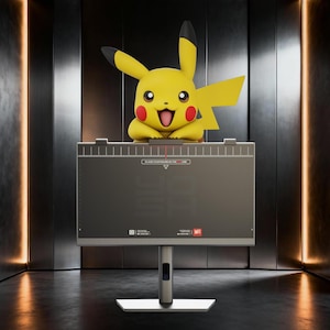 May include: A yellow Pikachu figure with black-tipped ears and red cheeks positioned behind a rectangular gray display stand. The stand features a top-edge ruler, a central red vertical line, and text that reads PLACE YOUR FIGURE ON THE RED LINE.