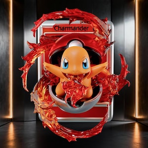 Op de afbeelding: Een driedimensionaal figuur van het oranje wezen Charmander dat uit een rood-witte Poké Ball komt. Het figuur is omringd door doorschijnende rode vlameffecten en is geplaatst voor een rechthoekige rode kaart met het label Charmander.