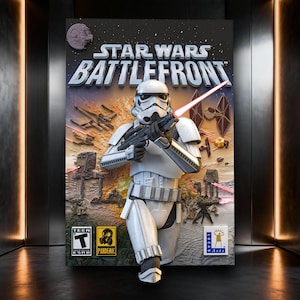 Peut inclure: Une jaquette de jeu vidéo Star Wars Battlefront montrant un stormtrooper blanc tenant un fusil blaster avec un rayon laser rouge. L'arrière-plan affiche une scène de bataille avec des X-wings, des TIE fighters et des marcheurs AT-ST. Classé Teen.
