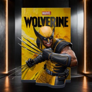 May include: A Marvel Wolverine bust featuring the character in a yellow and black suit with a mask, baring teeth, and extending long metallic claws. The background is a yellow textured panel with the word WOLVERINE printed in bold black letters.