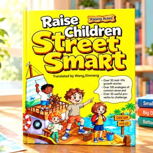 May include: A bright yellow hardcover book titled Raise Children Street Smart, translated by Wang, Xinmeng. The cover features a colorful illustration of four children on a wooden boat dock, with text bubbles listing over 50 stories and 100 analogies.