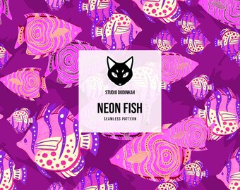 Nahtloses Muster mit pinkfarbenen Neonfischen im Aquarium-Design – Textilien, Tapeten, Digitalpapiere, Geschenkpapier, Prägepapier, Schreibwaren, Scrapbooking