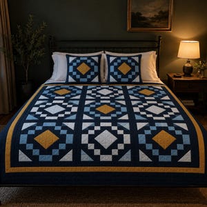 May include: A bed quilt and two matching pillow shams featuring a geometric patchwork pattern in navy blue, light blue, white, and mustard yellow. The design consists of repeating square blocks with central diamonds and a solid mustard yellow border.