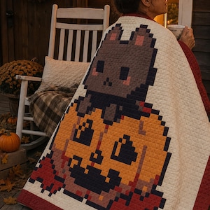 Peut inclure: Une courtepointe de couleur crème présentant un motif en pixel art d'un chat gris foncé assis sur une grande citrouille d'Halloween orange. La courtepointe a une bordure rouge foncé et une texture piquée en forme de grille.