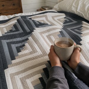 Puede incluir: Una colcha con un patrón geométrico de cabaña de troncos en tonos gris carbón, gris claro, beige y blanco. La tela tiene costuras lineales visibles en todo el diseño, creando una apariencia texturizada en la superficie de la ropa de cama.
