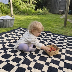 Könnte beinhalten: Eine schwarz-cremefarbene karierte Steppdecke mit quadratischem Muster. Ein kleiner Weidenkorb gefüllt mit frischen roten Erdbeeren steht auf der Decke. Die Steppdecke besteht aus Stoff mit sichtbaren Nähten, die das Gittermuster bilden.