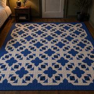 Kobolt Monkey Wrench Quiltmönster PDF, Blått Traditionellt Patchwork, Full Queen King, Örngott