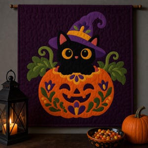 Witch Cat Pumpkin Quilt Pattern, Applique & Collage Quilt, Halloween Cat Quilt Pattern, Black Cat Wall Hanging, Folk Art Quilt Template