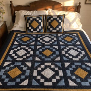 May include: A quilt and two matching square throw pillows featuring a geometric patchwork design in navy blue, light blue, white, and mustard yellow. The pattern consists of repeating square blocks with central diamonds and intricate border details.
