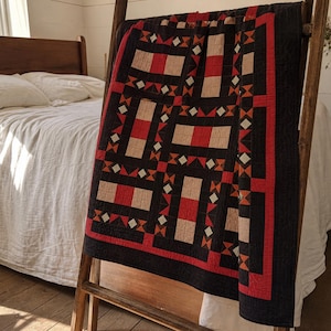 Brown Barn Raising Quilt Pattern PDF, Traditional Patchwork, Full Queen King, Pillow Covers