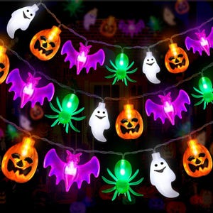 May include: A string of Halloween LED lights featuring translucent figures of white ghosts, orange jack-o'-lanterns, purple bats, and green spiders. The decorative light strand is connected by a thin wire, with each figure illuminated from within.