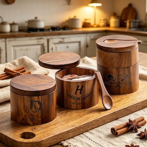 Personalised Acacia Salt Box with Lid,Custom Engraved Spice Storage Jar, Sugar & Seasoning Keeper,Wooden Kitchen Decor, Cooking Gift for Her