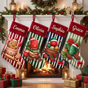 May include: Four Christmas stockings with red velvet cuffs featuring the names Emma, Olivia, Sophia, and Grace. Each stocking displays a unique festive graphic: a gingerbread person, a stack of books, yarn balls, and a watering can.