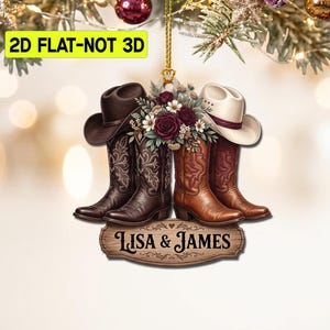 Personalized 2D Flat Cowboy Boots Couple Ornament, Western Country Custom Names, Floral Hat Christmas Keepsake Gift CM1C