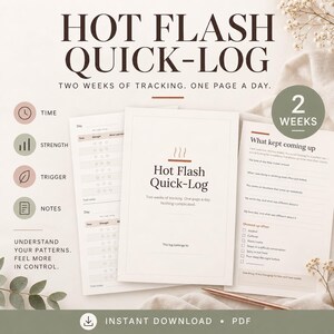 May include: A Hot Flash Quick-Log tracking document featuring a title page, daily log sheets, and a summary page. The text reads Hot Flash Quick-Log, Two weeks of tracking. One page a day. Nothing complicated. Includes sections for time, strength, triggers, and notes.