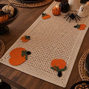 Virkad pumpa-bordslöpare, höstbordsdekoration, Thanksgiving-bordslöpare, Halloweendekoration, handgjord höstmatslöpare
