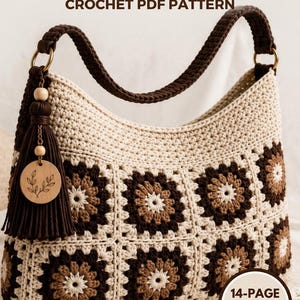 May include: A crochet bag made of cream, tan, and dark brown floral granny squares with a dark brown strap and a dark brown tassel featuring a wooden charm. The text reads: FLORAL GRANNY SQUARE BAG CROCHET PDF PATTERN and 14-PAGE VISUAL GUIDE.