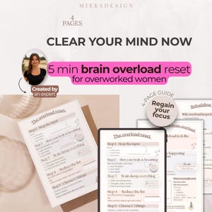 May include: A 4-page digital guide titled Clear Your Mind Now, featuring a 5-minute brain overload reset process. The document includes sections for stopping input, slowing breathing, brain dumping, reducing lists, and choosing 3 tasks.