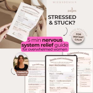 Puede incluir: Una guía digital de tres páginas para el alivio del sistema nervioso con el texto Stressed & Stuck, Simple reset techniques y Your daily reset. El documento incluye secciones sobre respiración lenta, conexión y calma.