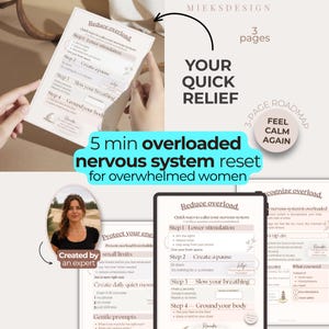 Puede incluir: Una hoja de ruta digital de tres páginas titulada Your Quick Relief de Mieksdesign, que presenta una guía para restablecer el sistema nervioso. Las páginas incluyen pasos para reducir la sobrecarga, crear pausas y conectar con el cuerpo.