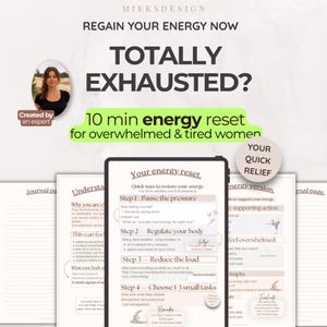 Op de afbeelding: Een digitale gids getiteld Regain Your Energy Now met een energie-resetplan van 10 minuten. Het document bevat stappen om druk te pauzeren, het lichaam te reguleren, de last te verminderen en taken te kiezen, op een lichte achtergrond.