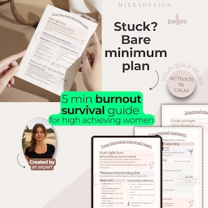 Op de afbeelding: Een 5-pagina tellende digitale burn-out survivalgids met een minimaal functioneringsplan, zachte journal-prompts en secties voor emotionele ondersteuning. Het document bevat de tekst Your burnout survival reset en Stuck? Bare minimum plan.