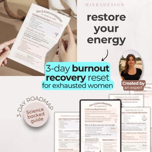 Op de afbeelding: Een digitale 3-daagse burnout recovery reset gids met de tekst restore your energy, 3-day burnout recovery reset for exhausted women en 3-day roadmap science backed guide, weergegeven op geprinte pagina's en een tabletscherm met tekst.