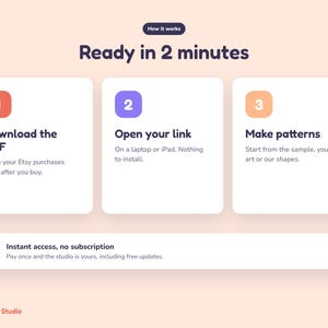 Peut inclure: Un graphique p&eacute;dagogique intitul&eacute; Ready in 2 minutes avec trois &eacute;tapes num&eacute;rot&eacute;es. &Eacute;tape 1 : Download the PDF. &Eacute;tape 2 : Open your link on a laptop or iPad. &Eacute;tape 3 : Make patterns. Inclut une banni&egrave;re Instant access, no subscription.