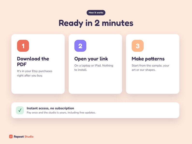 Peut inclure: Un graphique p&eacute;dagogique intitul&eacute; Ready in 2 minutes avec trois &eacute;tapes num&eacute;rot&eacute;es. &Eacute;tape 1 : Download the PDF. &Eacute;tape 2 : Open your link on a laptop or iPad. &Eacute;tape 3 : Make patterns. Inclut une banni&egrave;re Instant access, no subscription.
