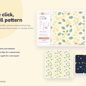 Peut inclure: Une interface num&eacute;rique pour un logiciel de cr&eacute;ation de motifs nomm&eacute; Repeat Studio. L'&eacute;cran affiche une fonction de remplissage automatique avec un motif de citrons et de feuilles, ainsi que deux &eacute;chantillons : un avec des citrons jaunes et des feuilles vertes, et un avec des lunes jaunes et des &eacute;toiles blanches sur fond bleu fonc&eacute;.