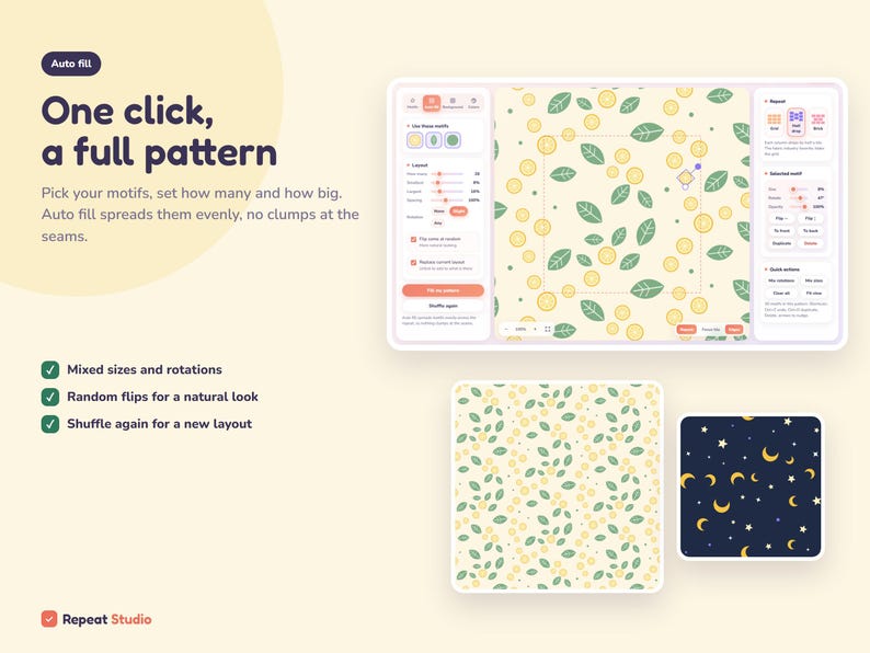 Peut inclure: Une interface num&eacute;rique pour un logiciel de cr&eacute;ation de motifs nomm&eacute; Repeat Studio. L'&eacute;cran affiche une fonction de remplissage automatique avec un motif de citrons et de feuilles, ainsi que deux &eacute;chantillons : un avec des citrons jaunes et des feuilles vertes, et un avec des lunes jaunes et des &eacute;toiles blanches sur fond bleu fonc&eacute;.