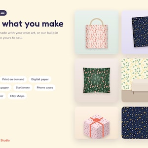 Peut inclure: Un affichage graphique num&eacute;rique pr&eacute;sentant le texte Sell what you make, avec une liste de cat&eacute;gories incluant Fabric, Print on demand, Digital paper, Wrapping paper, Stationery, Phone cases, Home decor et Etsy shops, ainsi que six maquettes.