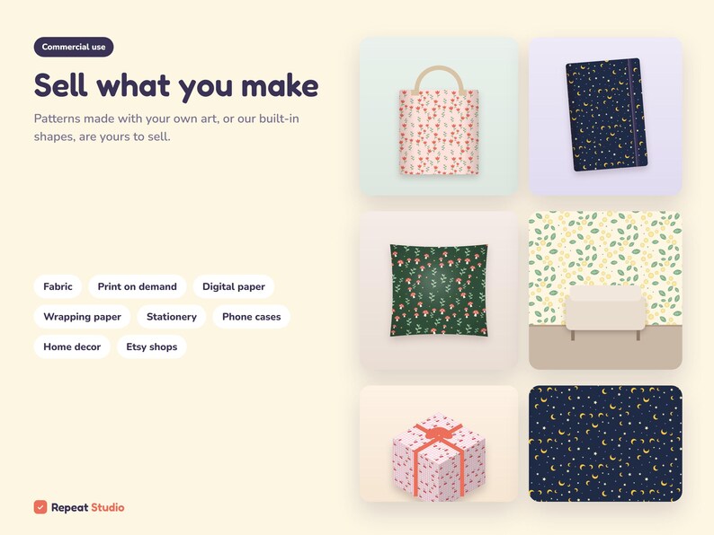 Peut inclure: Un affichage graphique num&eacute;rique pr&eacute;sentant le texte Sell what you make, avec une liste de cat&eacute;gories incluant Fabric, Print on demand, Digital paper, Wrapping paper, Stationery, Phone cases, Home decor et Etsy shops, ainsi que six maquettes.