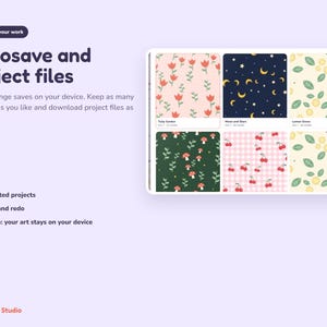 Peut inclure: Une interface num&eacute;rique affichant le texte "Autosave and project files" et "Every change saves on your device." Elle pr&eacute;sente une grille de six vignettes de motifs incluant des tulipes, des lunes, des &eacute;toiles, des citrons, des champignons et des cerises.