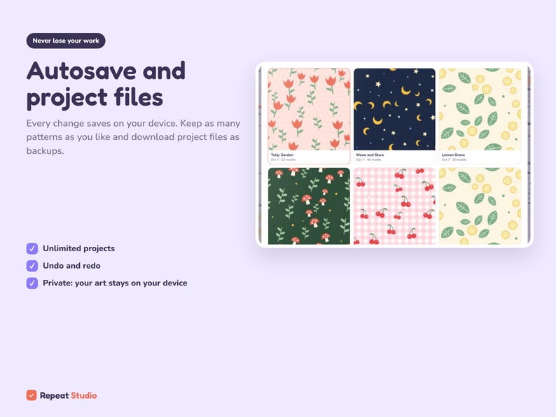Peut inclure: Une interface num&eacute;rique affichant le texte "Autosave and project files" et "Every change saves on your device." Elle pr&eacute;sente une grille de six vignettes de motifs incluant des tulipes, des lunes, des &eacute;toiles, des citrons, des champignons et des cerises.