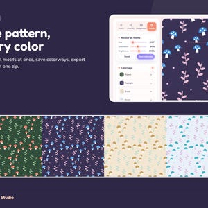 Peut inclure: Une interface num&eacute;rique pr&eacute;sentant un outil de conception de motifs avec le texte One pattern, every color. Le logiciel affiche un fond sombre avec des motifs de champignons bleus et de feuilles roses, ainsi que quatre &eacute;chantillons horizontaux.