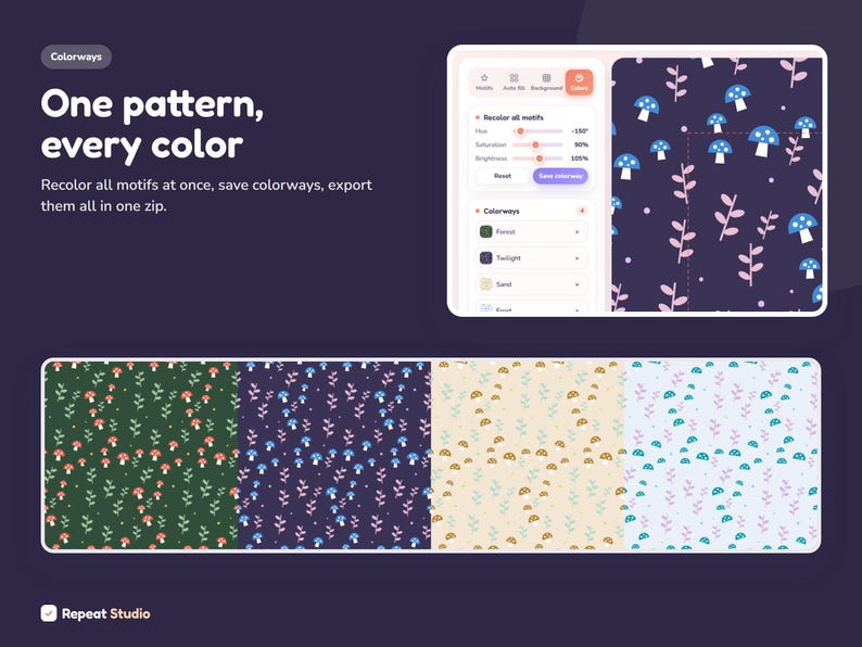Peut inclure: Une interface num&eacute;rique pr&eacute;sentant un outil de conception de motifs avec le texte One pattern, every color. Le logiciel affiche un fond sombre avec des motifs de champignons bleus et de feuilles roses, ainsi que quatre &eacute;chantillons horizontaux.