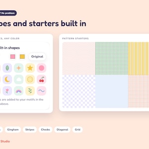 Peut inclure: Une interface num&eacute;rique intitul&eacute;e Shapes and starters built in, pr&eacute;sentant un menu de 15 ic&ocirc;nes dont une fleur, une feuille, une &eacute;toile, un cercle, une lune, un nuage, un citron, une cerise, un champignon, une tulipe, un arc-en-ciel et une vague.