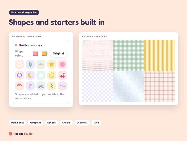 Peut inclure: Une interface num&eacute;rique intitul&eacute;e Shapes and starters built in, pr&eacute;sentant un menu de 15 ic&ocirc;nes dont une fleur, une feuille, une &eacute;toile, un cercle, une lune, un nuage, un citron, une cerise, un champignon, une tulipe, un arc-en-ciel et une vague.