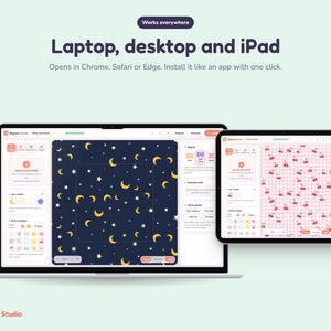 Peut inclure: Un ordinateur portable et une tablette affichant l'interface Repeat Studio. L'ordinateur montre un motif bleu fonc&eacute; avec des lunes et &eacute;toiles jaunes, la tablette un motif cerises rose. Texte : Works everywhere, Laptop, desktop and iPad.