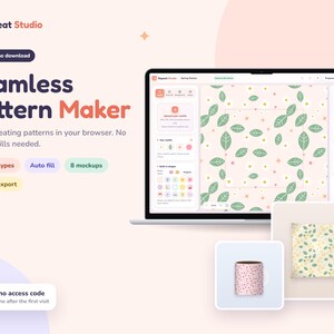 May include: A laptop screen displaying the Repeat Studio web app interface for a seamless pattern maker. The screen shows a light pink background with green leaf and yellow star patterns. Below the laptop are a mug and a square fabric mockup.