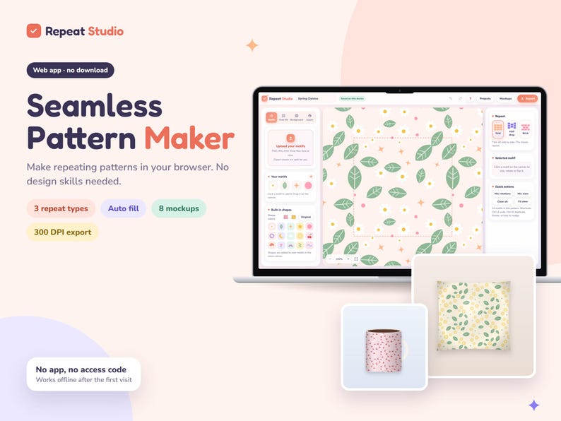 Peut inclure: Un &eacute;cran d'ordinateur portable affichant l'interface de l'application web Repeat Studio pour cr&eacute;er des motifs r&eacute;p&eacute;titifs. L'&eacute;cran montre un fond rose clair avec des feuilles vertes et des &eacute;toiles jaunes. Sous l'ordinateur, une tasse et un tissu.