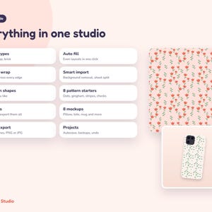 Peut inclure: Une interface de conception num&eacute;rique intitul&eacute;e Everything in one studio, pr&eacute;sentant une liste de fonctionnalit&eacute;s logicielles incluant 3 types de r&eacute;p&eacute;tition, remplissage automatique, glisser-d&eacute;poser, importation intelligente, 15 formes et 8 mod&egrave;les.