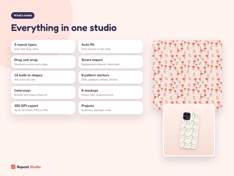 Peut inclure: Une interface de conception num&eacute;rique intitul&eacute;e Everything in one studio, pr&eacute;sentant une liste de fonctionnalit&eacute;s logicielles incluant 3 types de r&eacute;p&eacute;tition, remplissage automatique, glisser-d&eacute;poser, importation intelligente, 15 formes et 8 mod&egrave;les.