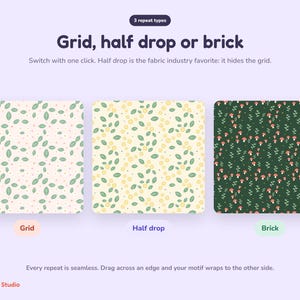 Peut inclure: Une interface num&eacute;rique intitul&eacute;e Grid, half drop or brick, pr&eacute;sentant trois exemples de motifs sans couture : un fond clair avec des feuilles vertes, un fond clair avec des cercles jaunes et des feuilles, et un fond vert fonc&eacute; avec des champignons.